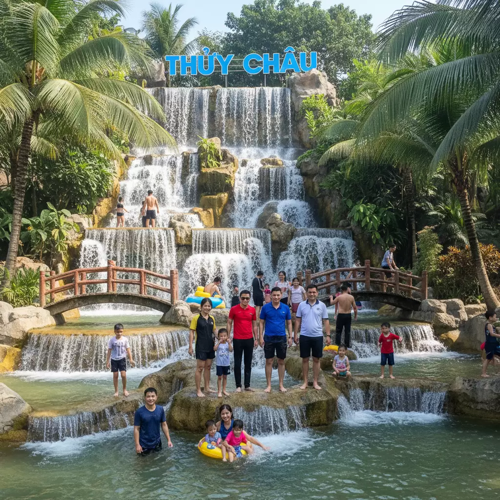 Du khách thư giãn bên dòng thác nhân tạo mát lạnh