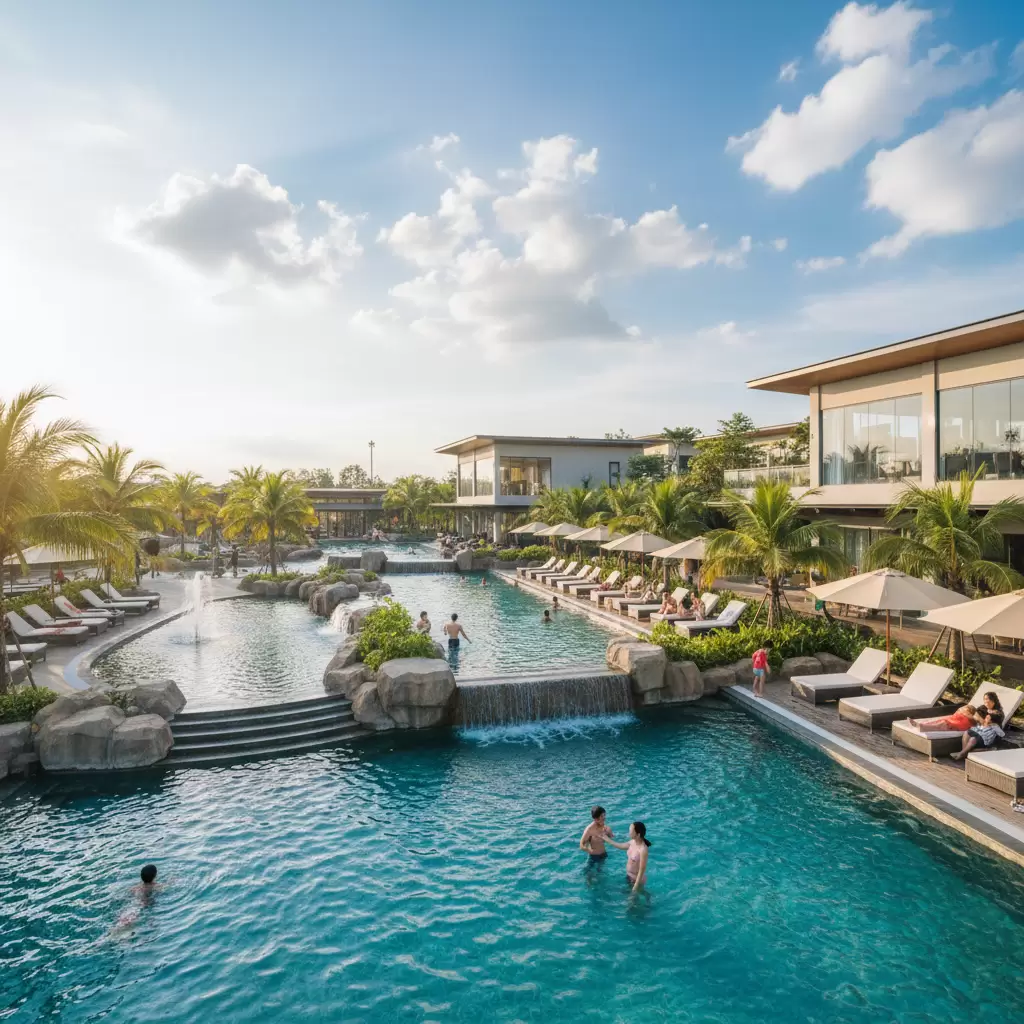 Hồ bơi rộng lớn với làn nước trong xanh tại khu du lịch