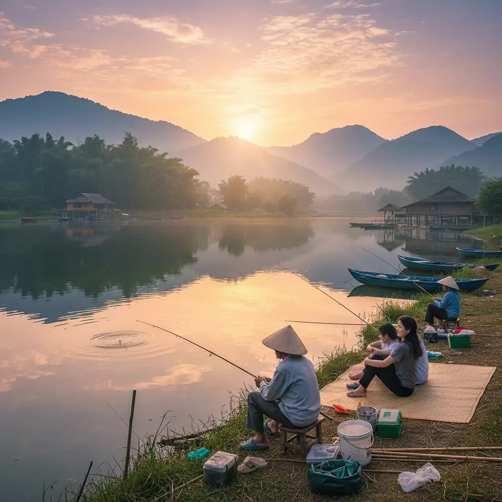 Hoạt động câu cá giải trí giúp thư giãn tâm hồn tại Hồ Bình An