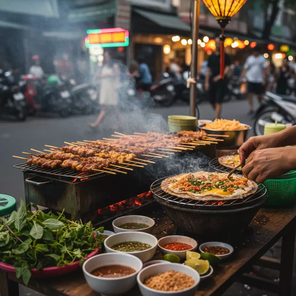 Các món xiên que nướng và bánh tráng luôn là lựa chọn hàng đầu của sinh viên