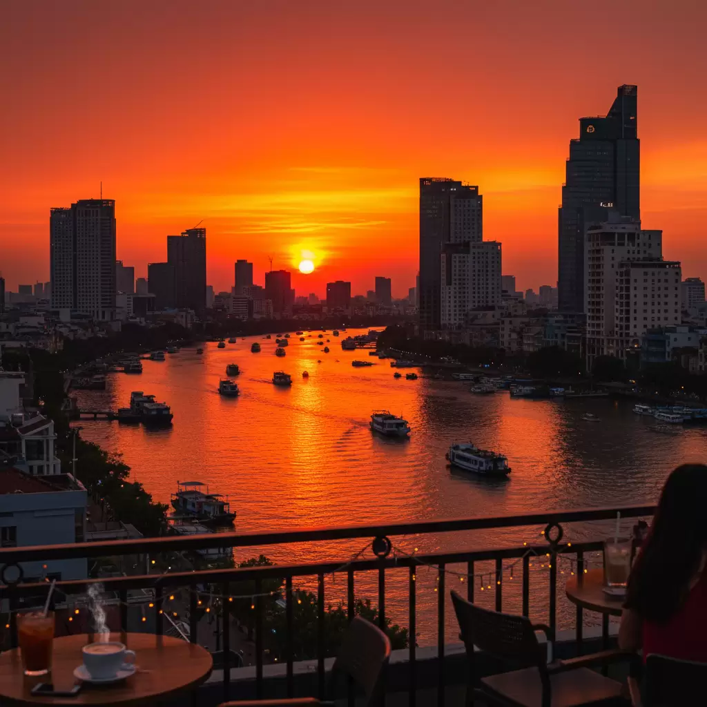 Khoảnh khắc hoàng hôn tuyệt đẹp là đặc sản không thể bỏ qua khi đến các quán cafe ven sông